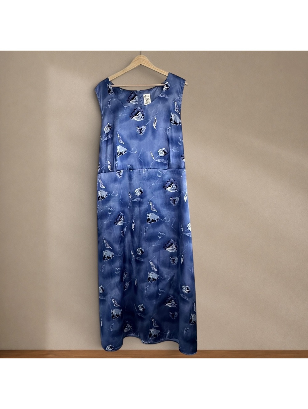 90s Blue Floral Maxi Satin Dress Plus Size 26W Sleeveless Cottagecore Grunge